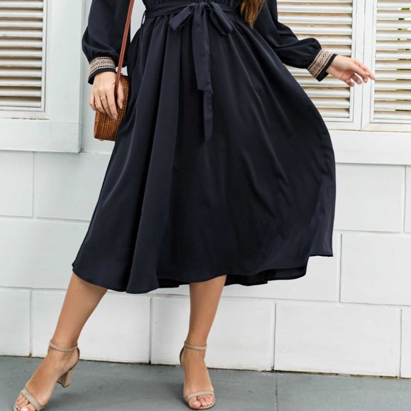 Melo Apparel Plus Size Contrast Tie Waist Midi Dress - Picture 5 of 8